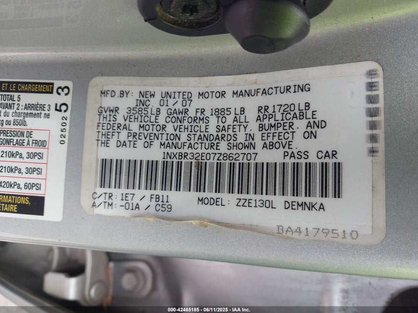2007 TOYOTA COROLLA VIN: 1NXBR32E07Z862707