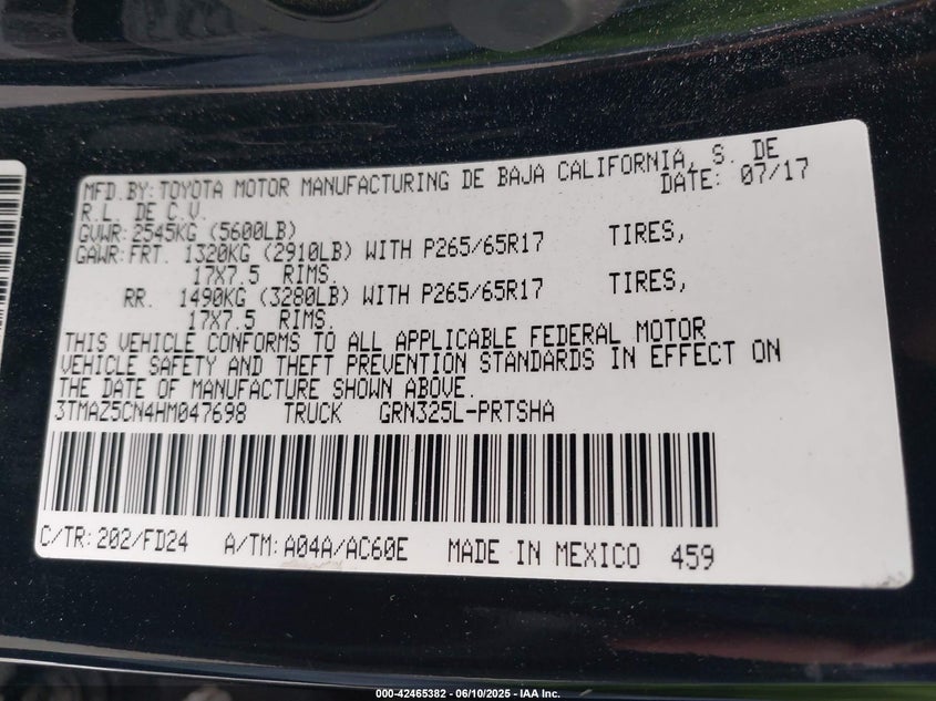 2017 TOYOTA TACOMA VIN: 3TMAZ5CN4HM047698