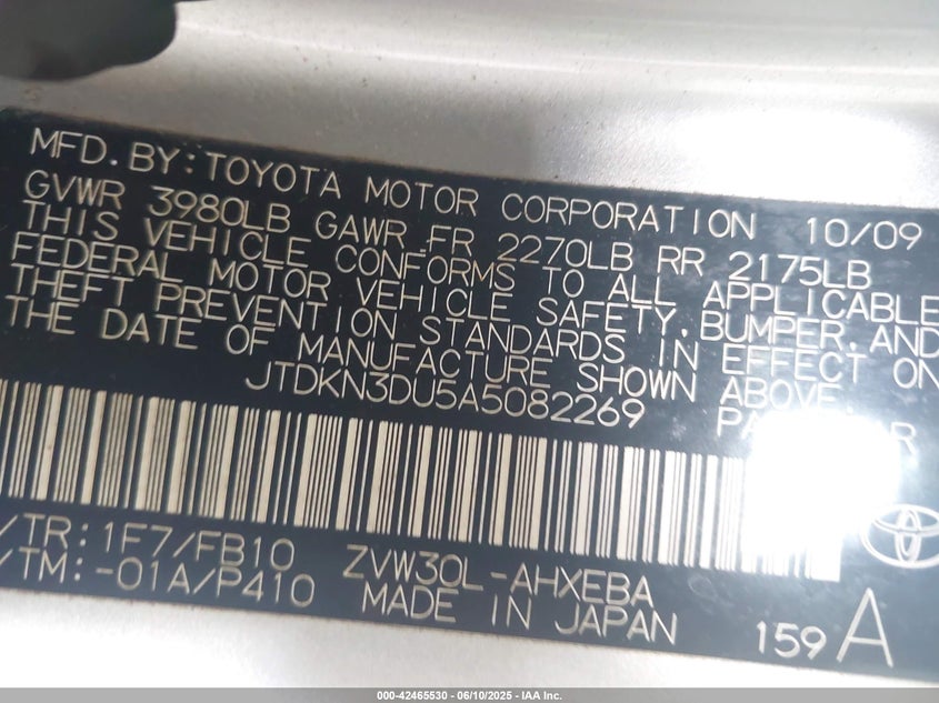 2010 TOYOTA PRIUS VIN: JTDKN3DU5A5082269