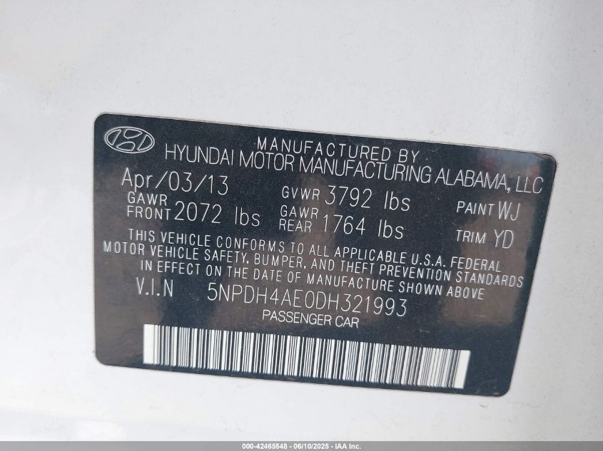 2013 Hyundai Elantra Limited VIN: 5NPDH4AE0DH321993 Lot: 42465548