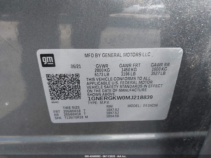 2021 CHEVROLET TRAVERSE FWD LT CLOTH - 1GNERGKW0MJ218839