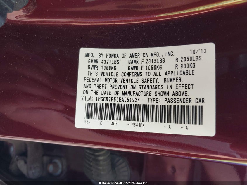 2014 HONDA ACCORD VIN: 1HGCR2F50EA051924