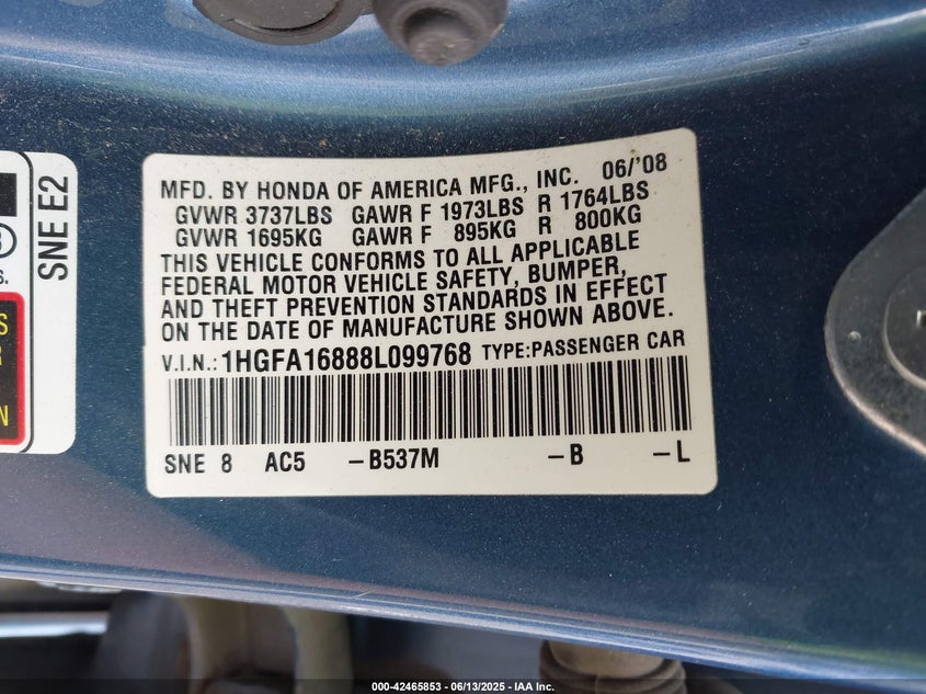 2008 HONDA CIVIC VIN: 1HGFA16888L099768
