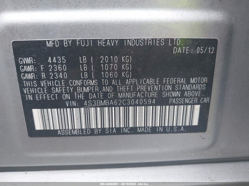2012 SUBARU LEGACY VIN: 4S3BMBA62C3040594