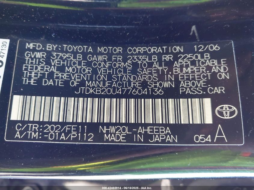 2007 Toyota Prius VIN: JPDKB20U477604136 Lot: 42465914