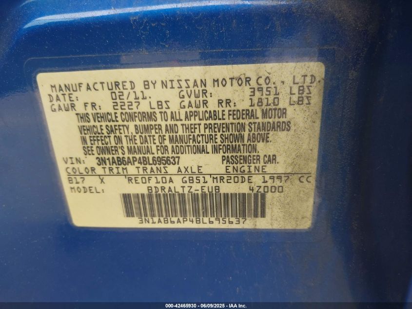 2011 Nissan Sentra 2.0/2.0S/2.0Sl/2.0Sr VIN: 3N1AB6AP4BL69563X Lot: 42465930