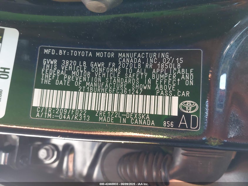 2015 Toyota Corolla S Plus VIN: 2T1BURHE6FC361247 Lot: 42465933