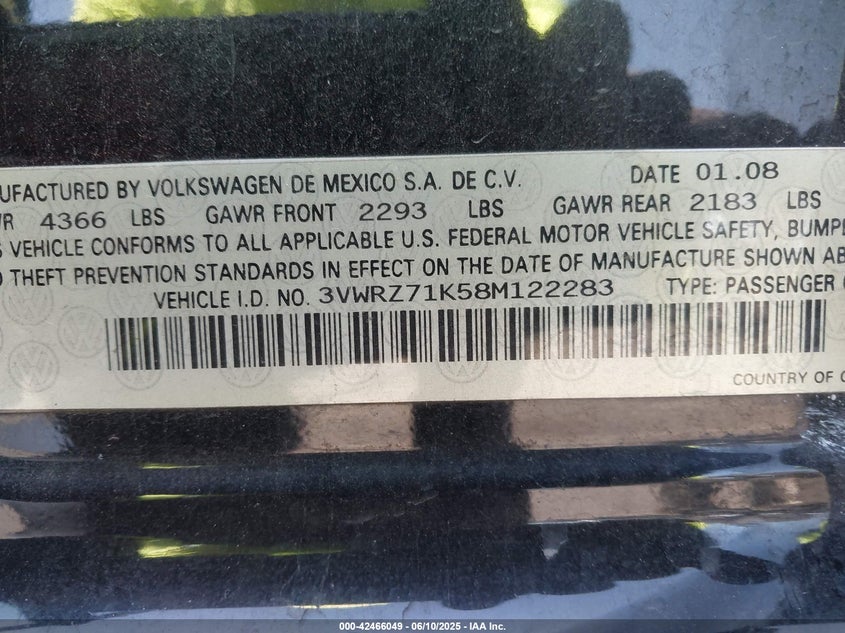 2008 VOLKSWAGEN JETTA VIN: 3VWRZ71K58M122283