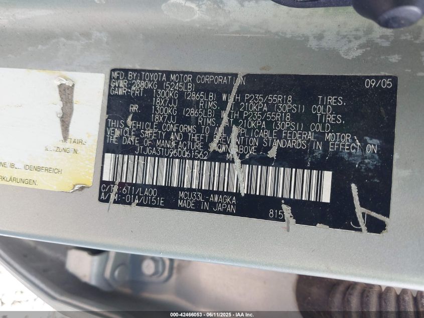 2006 Lexus Rx 330 VIN: JTJGA31U960061562 Lot: 42466053