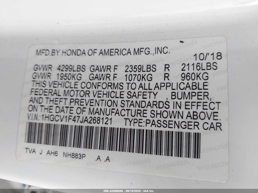 2018 Honda Accord Ex-L VIN: 1HGCV1F65JA268121 Lot: 42466068