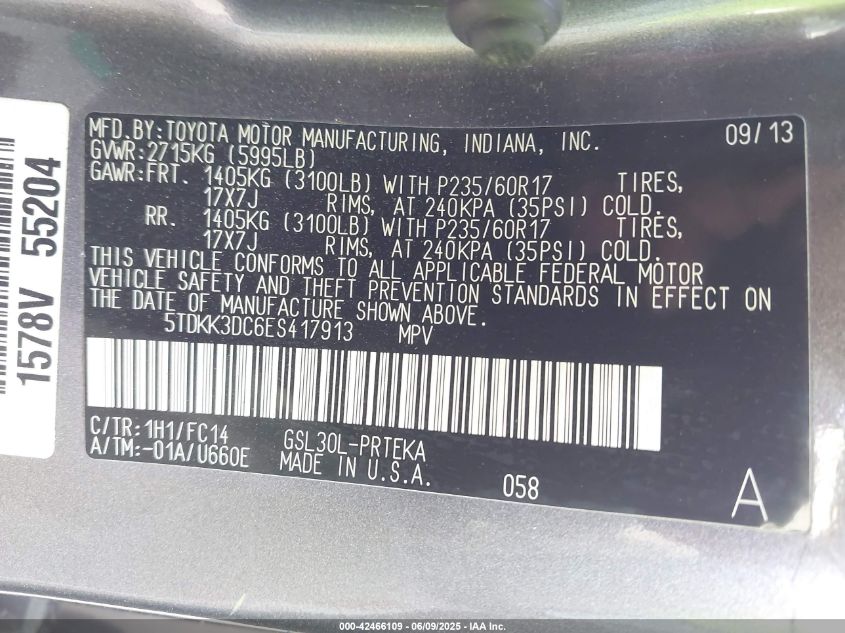 2014 Toyota Sienna Le V6 8 Passenger VIN: 5TDKK3DC6ES417913 Lot: 42466109