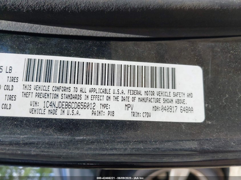 2012 JEEP COMPASS VIN: 1C4NJDEB6CD656012