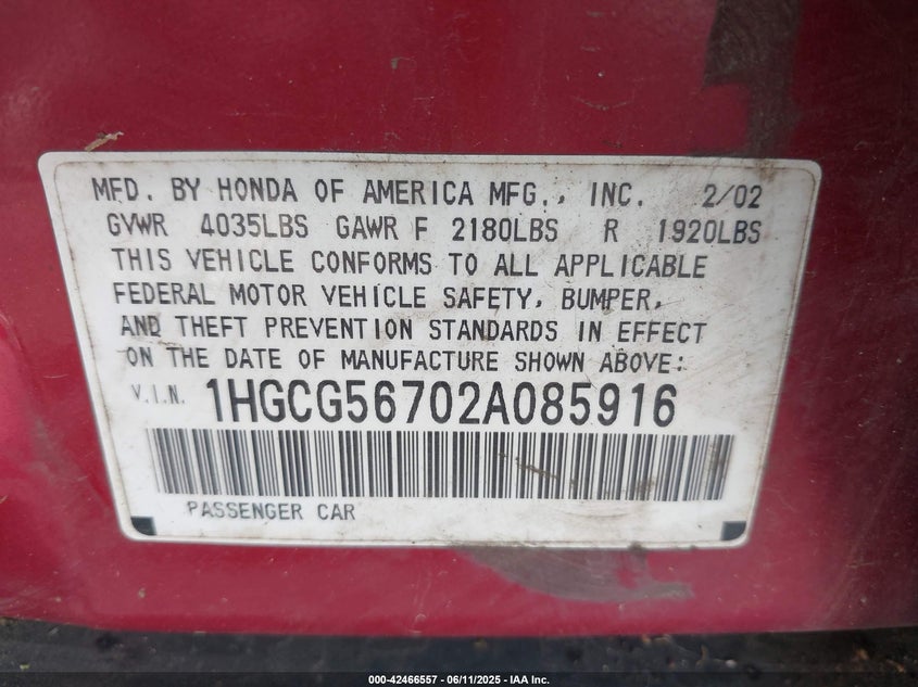 2002 Honda Accord 2.3 Se VIN: 1HGCG56702A085916 Lot: 42466557