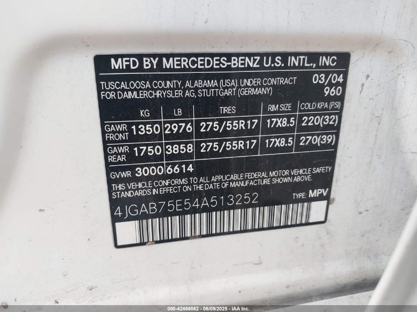 2004 Mercedes-Benz Ml 500 4Matic VIN: 4JGAB75E54A513252 Lot: 42466562