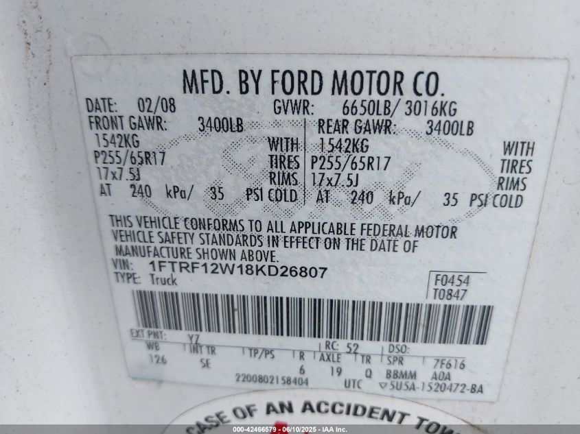2008 Ford F-150 Stx VIN: 1FTRF12W18KD26807 Lot: 42466579