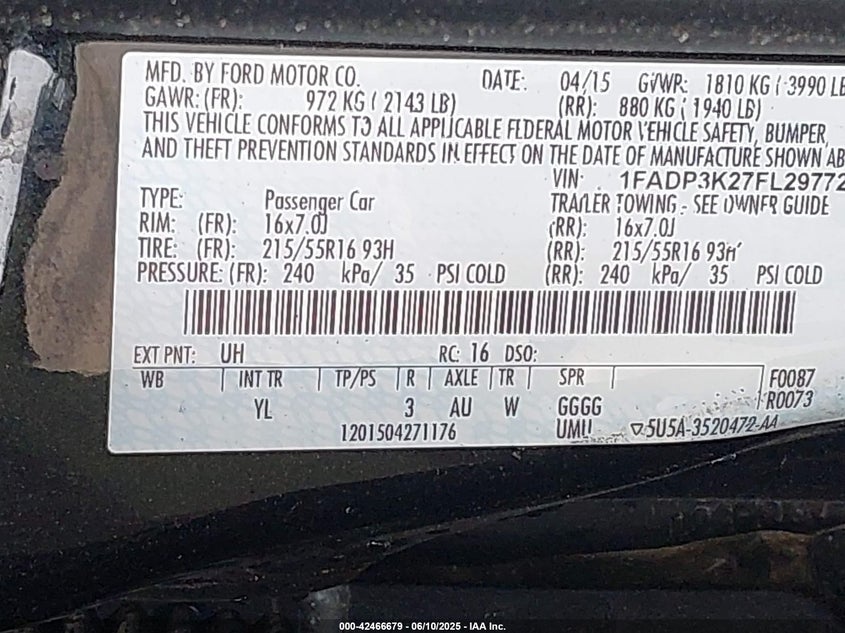2015 FORD FOCUS VIN: 1FADP3K27FL297729