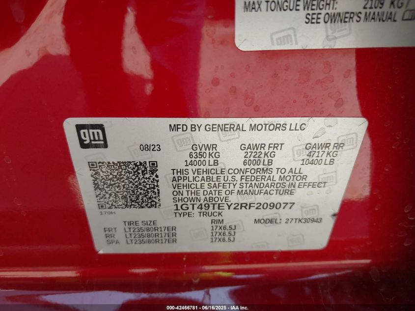 2024 GMC Sierra 3500Hd VIN: 1GT49TEY2RF209077 Lot: 42466781