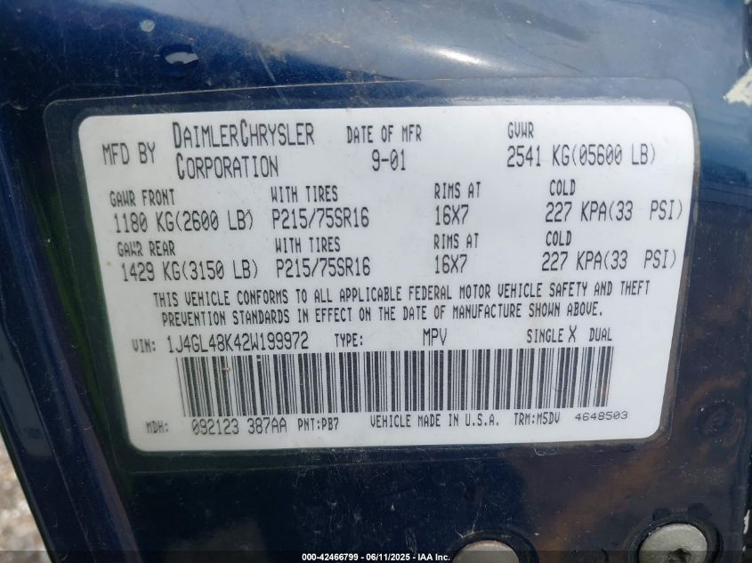 2002 Jeep Liberty Sport VIN: 1J4GL48K42W199972 Lot: 42466799