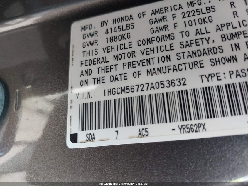 2007 HONDA ACCORD VIN: 1HGCM56727A053632