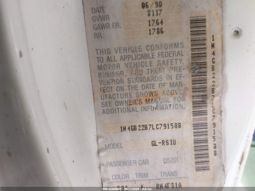 1990 Nissan Sentra VIN: 1N4GB22B7LC791588 Lot: 42466869