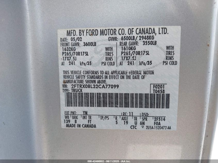 2002 Ford F150 VIN: 2FTRX08L32CA77099 Lot: 42466902