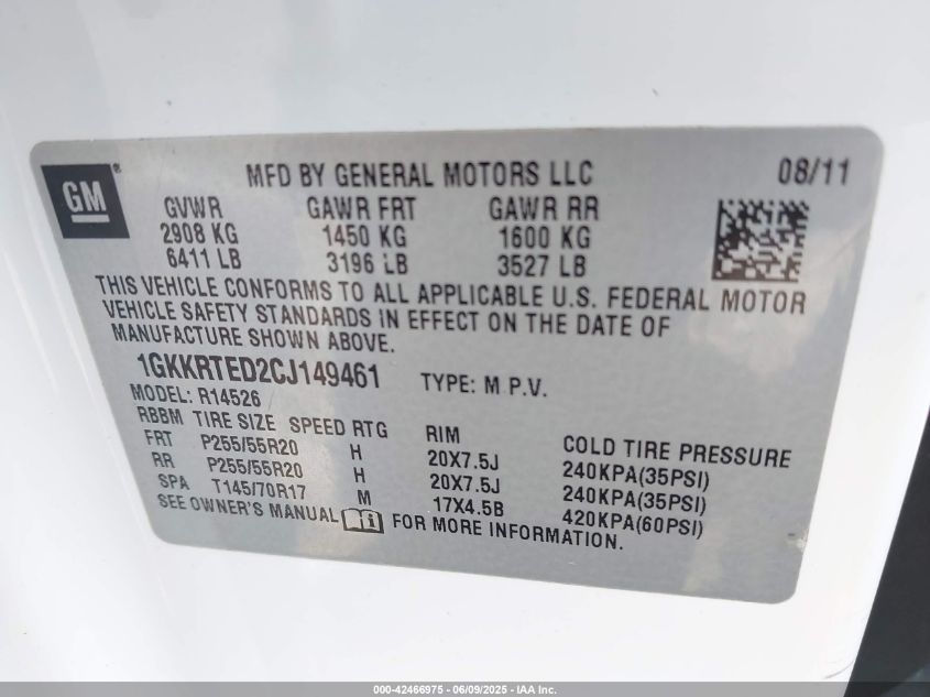 2012 GMC Acadia Denali VIN: 1GKKRTED2CJ149461 Lot: 42466975