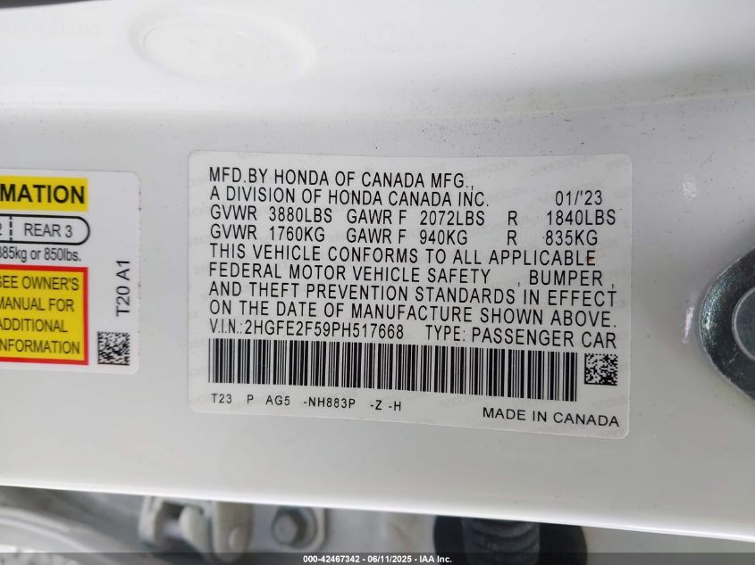 2019 Honda Civic Touring VIN: JHMFC1F97KX517668 Lot: 42467342