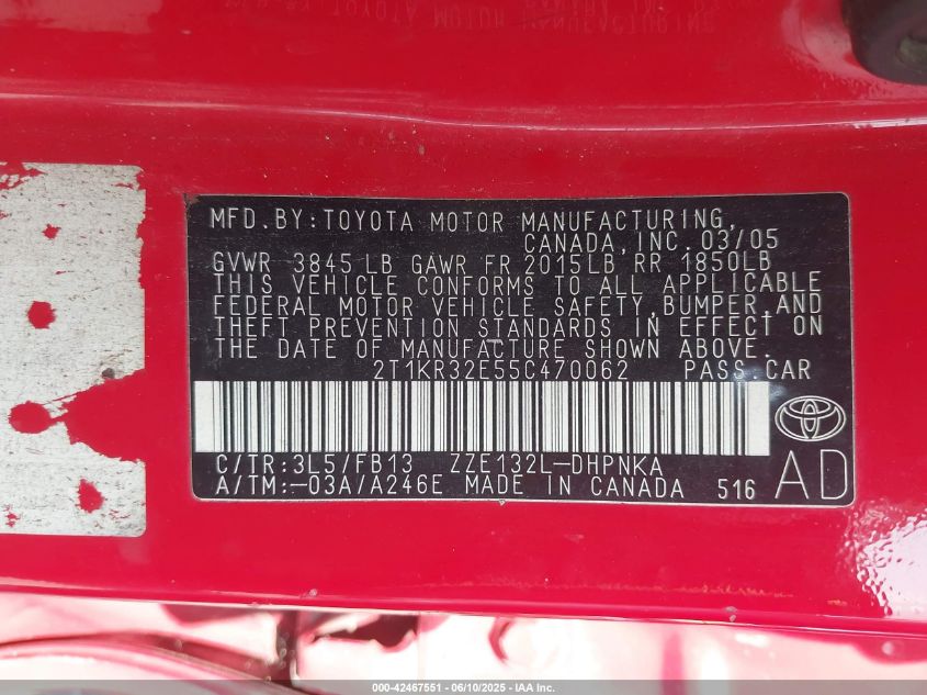 2005 Toyota Matrix Xr VIN: 2T1KR32E55C470062 Lot: 42467551