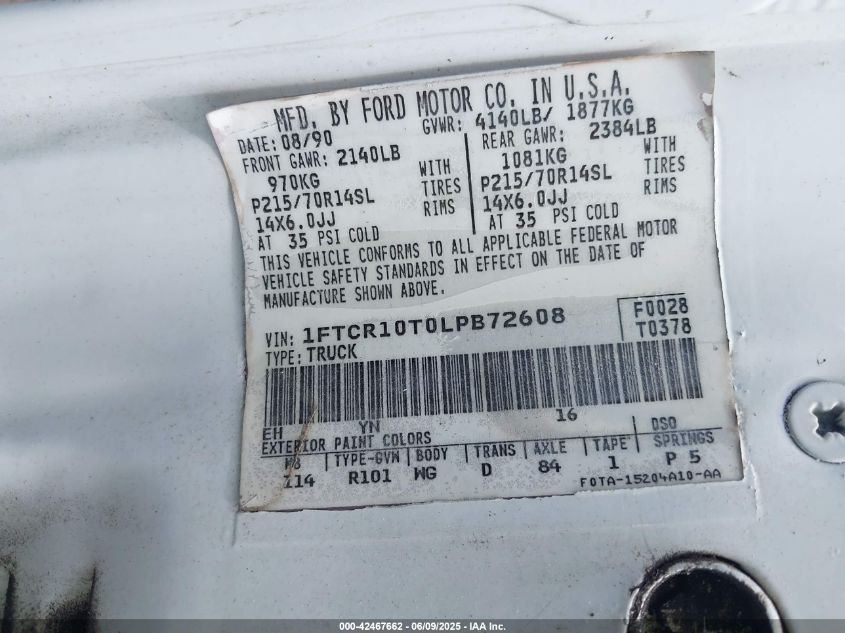 1990 Ford Ranger VIN: 1FTCR10T0LPB72608 Lot: 42467662