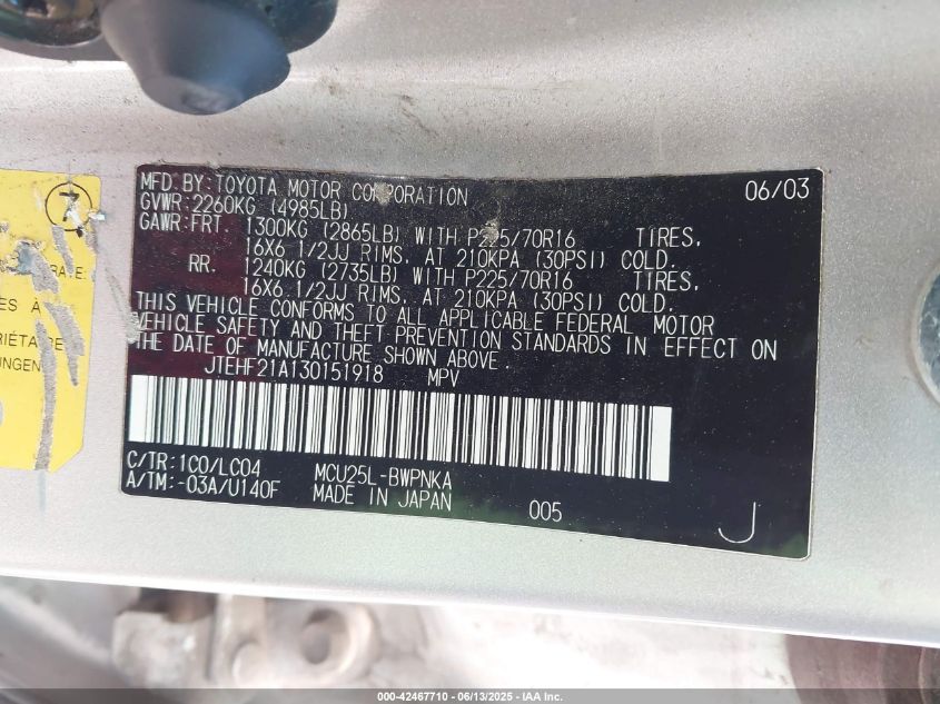 2003 Toyota Highlander Limited V6 VIN: JTEHF21A130151918 Lot: 42467710