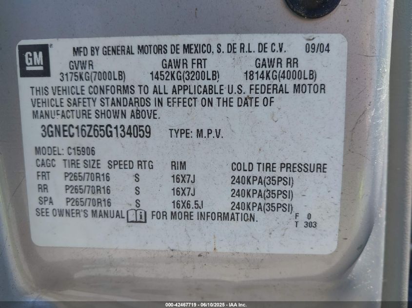 2005 Chevrolet Suburban 1500 Ls VIN: 3GNEC16Z65G134059 Lot: 42467719
