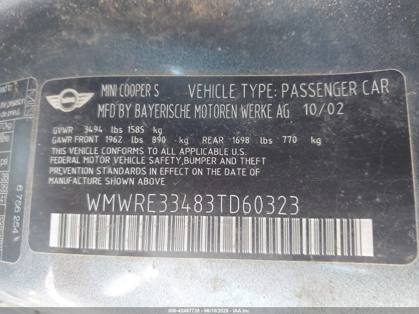 2003 Mini Cooper S VIN: WMWRE33483TD60323 Lot: 42467728