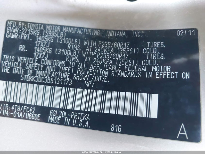 2011 Toyota Sienna Le V6 VIN: 5TDKK3DC3BS131173 Lot: 42467766