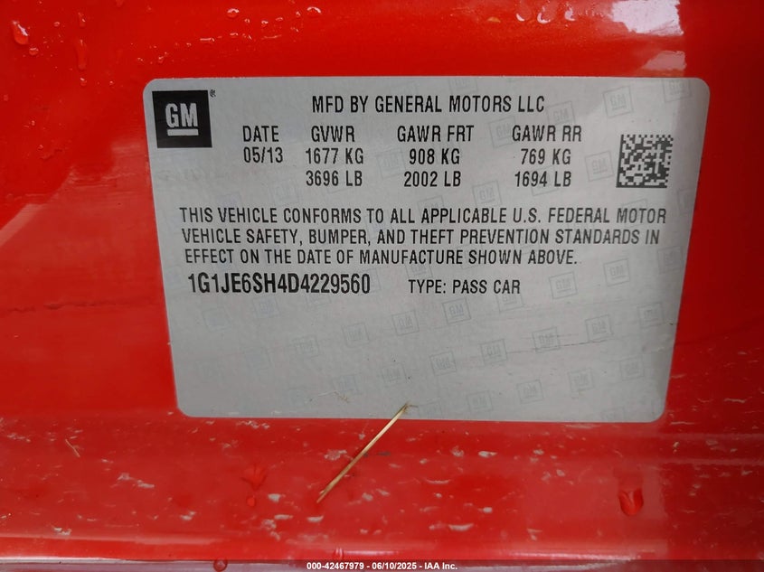 2013 CHEVROLET SONIC VIN: 1G1JE6SH4D4229560