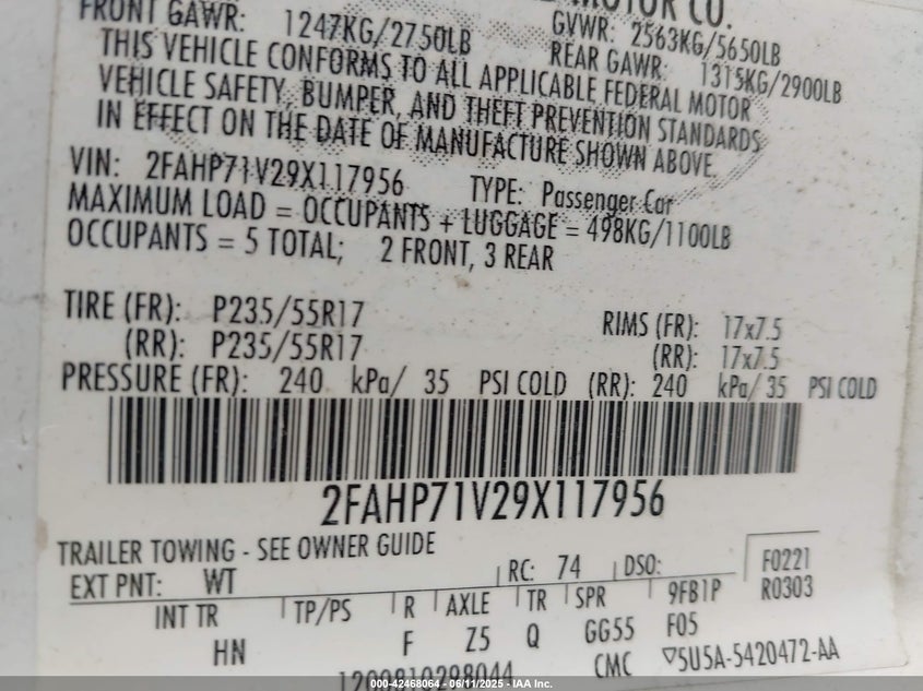 2009 FORD CROWN VICTORIA VIN: 2FAHP71V29X117956