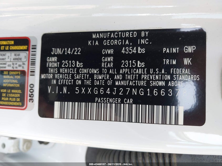 VIN 5XXG64J27NG166378 2022 KIA K5 GT-LINE