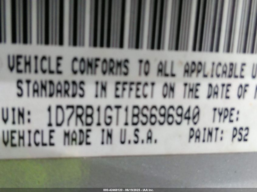 2011 Ram Ram 1500 Slt VIN: 1D7RB1GT1BS696940 Lot: 42468120