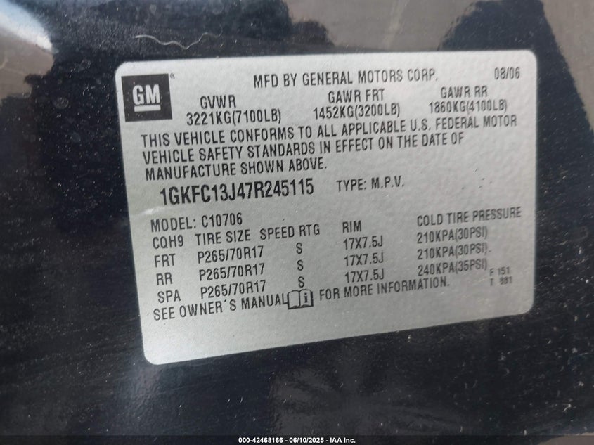 2007 GMC YUKON VIN: 1GKFC13J47R245115