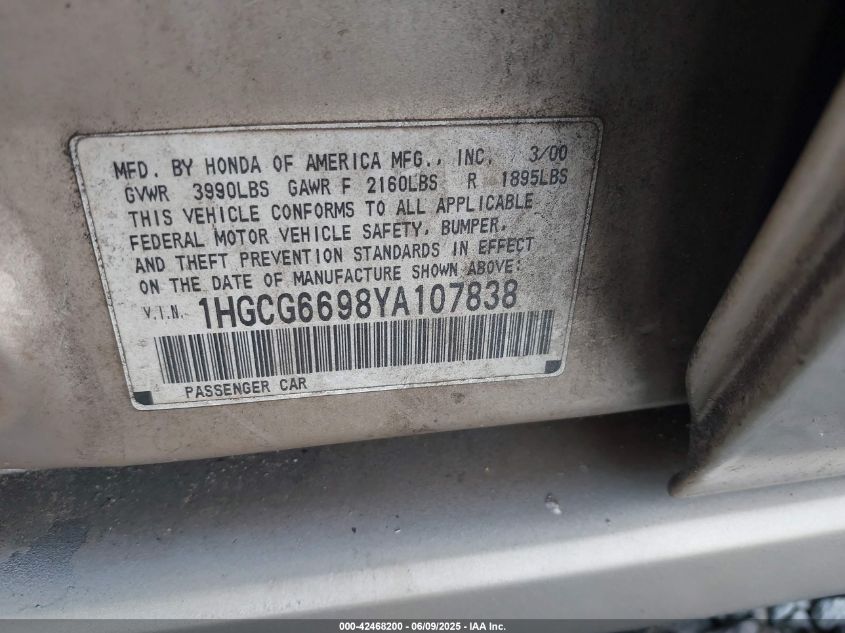 2000 Honda Accord 2.3 Se VIN: 1HGCG6698YA107838 Lot: 42468200