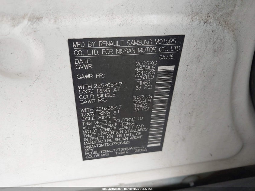 2016 NISSAN ROGUE SV - KNMAT2MT5GP706426