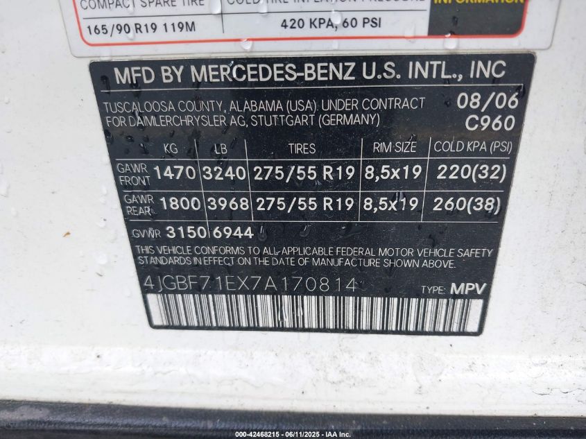 2007 Mercedes-Benz Gl 450 4Matic VIN: 4JGBF71EX7A170814 Lot: 42468215