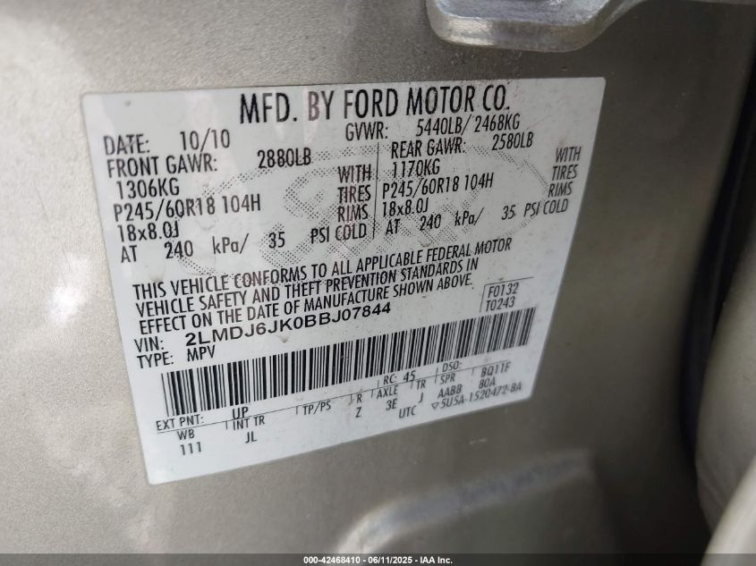 2011 Lincoln Mkx VIN: 2LMDJ6JK0BBJ07844 Lot: 42468410