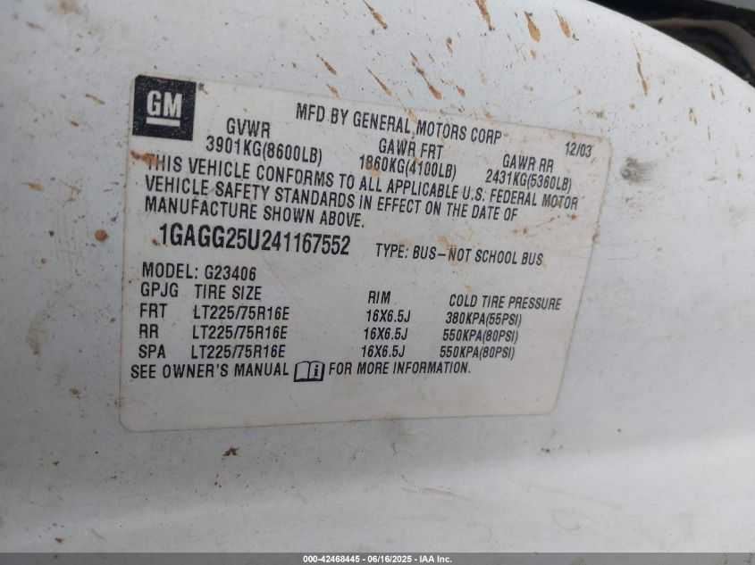 2004 Chevrolet Express VIN: 1GAGG25U241167552 Lot: 42468445