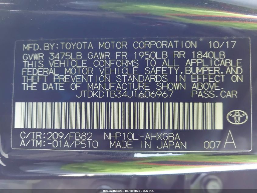 2018 Toyota Prius C Three VIN: JTDKDTB34J1606967 Lot: 42468523