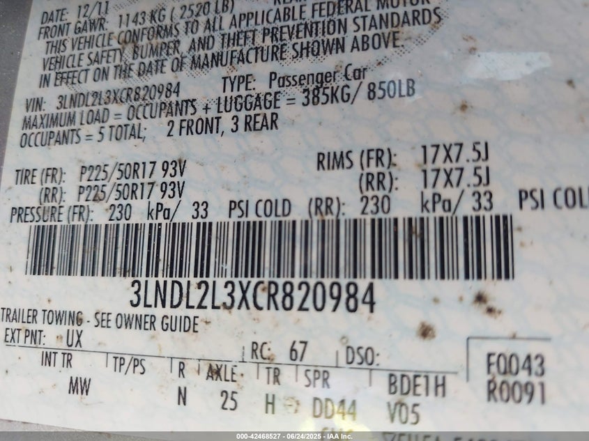 2012 LINCOLN MKZ HYBRID VIN: 3LNDL2L3XCR820984