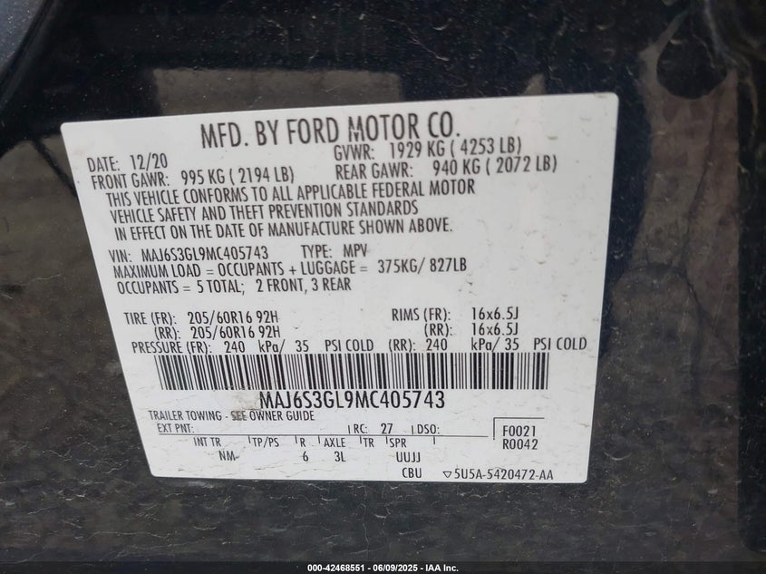 VIN MAJ6S3GL9MC405743 2021 FORD ECOSPORT SE