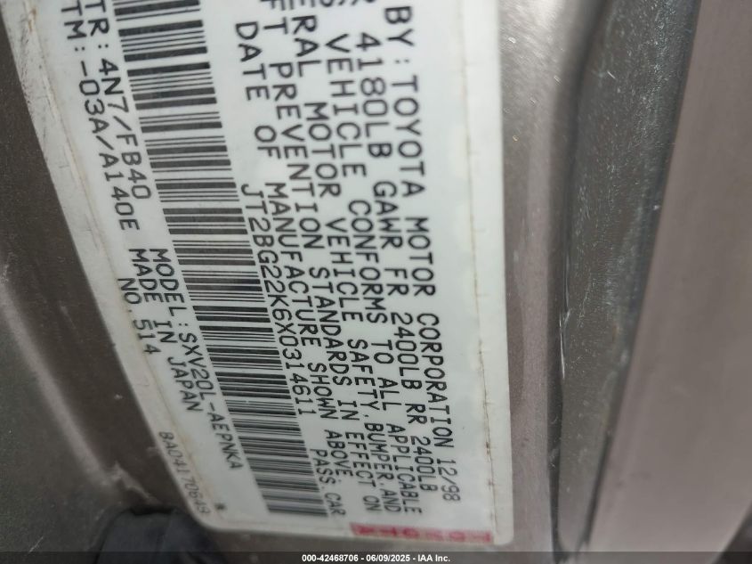 1999 Toyota Camry Le VIN: JT2BG22K6X0314611 Lot: 42468706