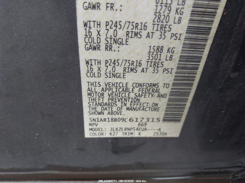 2009 Nissan Pathfinder VIN: 15N1A18B09C617315 Lot: 42468711