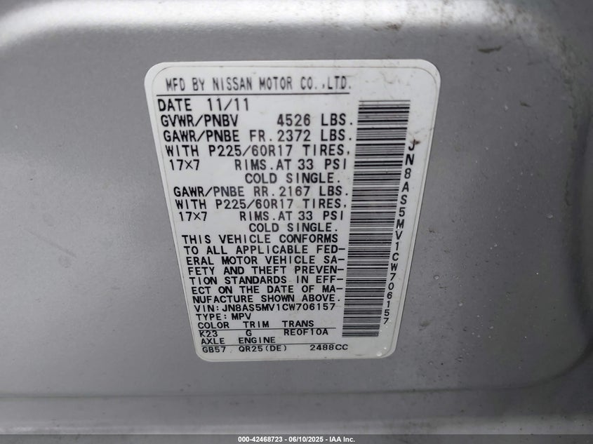 2012 NISSAN ROGUE VIN: JN8AS5MV1CW706157