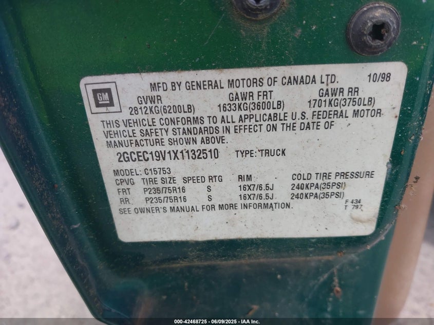 1999 Chevrolet Silverado 1500 VIN: 2GCEC19V1X1132510 Lot: 42468725